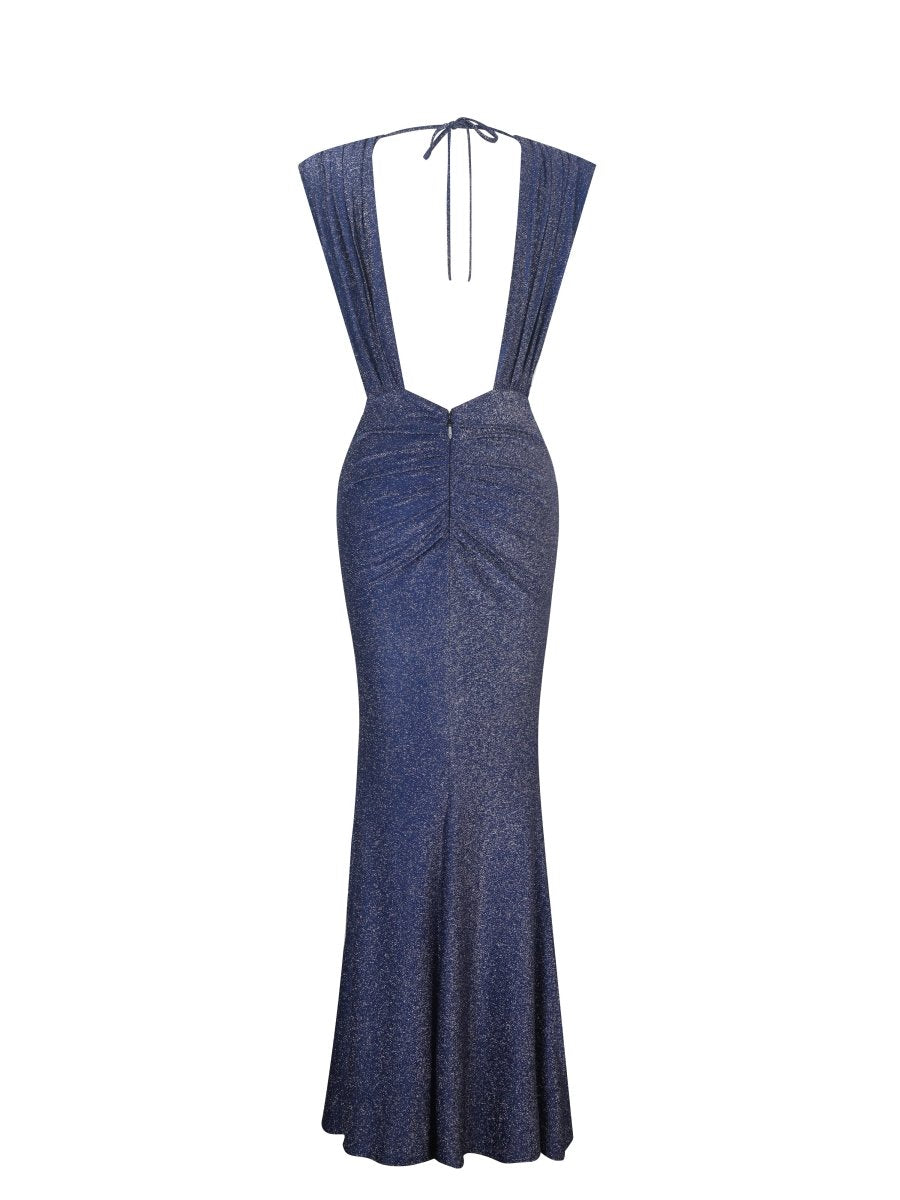 Terri Navy Sparkle Plunging Backless Maxi Dress - HOUSE OF SHE
