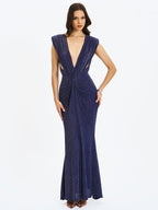 Terri Navy Sparkle Plunging Backless Maxi Dress - HOUSE OF SHE