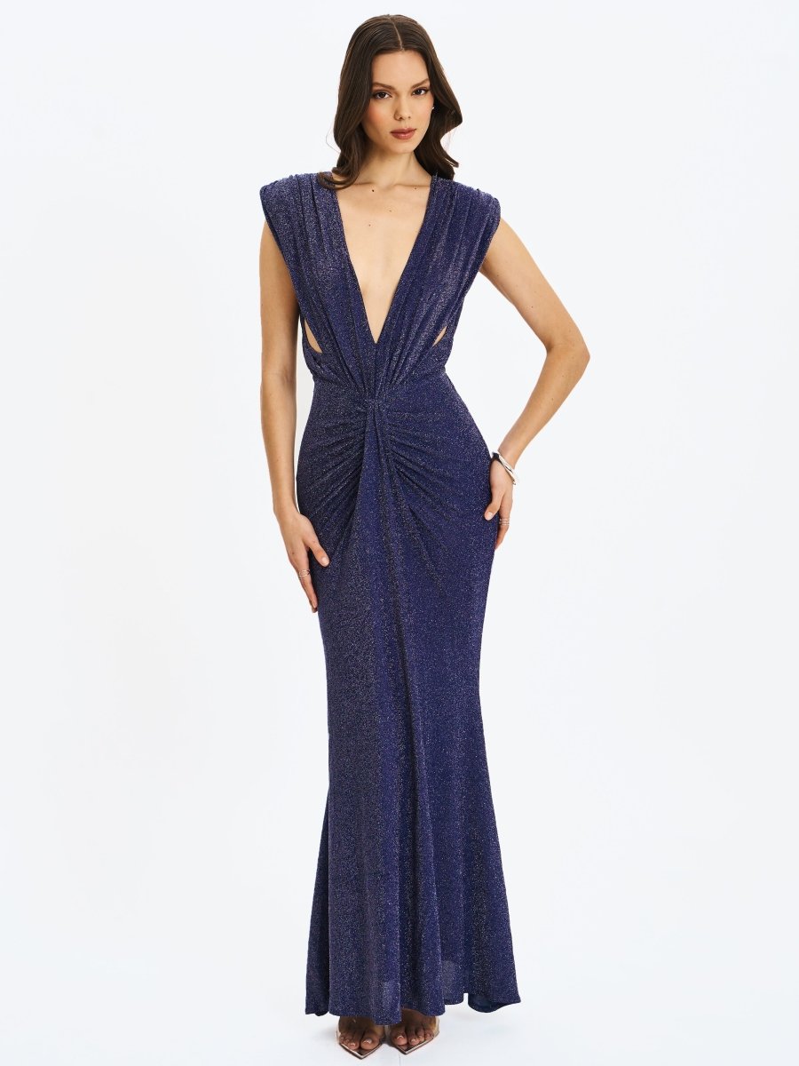 Terri Navy Sparkle Plunging Backless Maxi Dress - HOUSE OF SHE