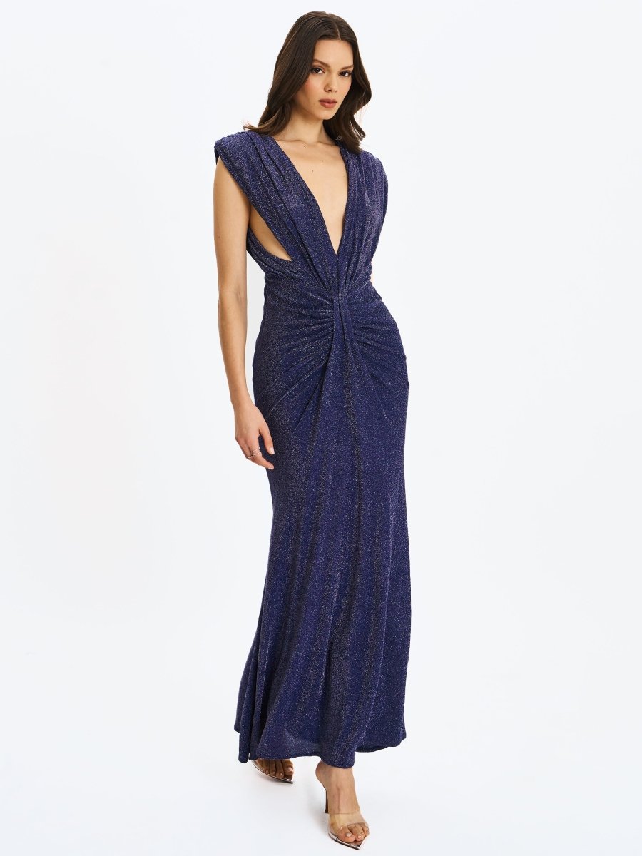 Terri Navy Sparkle Plunging Backless Maxi Dress - HOUSE OF SHE