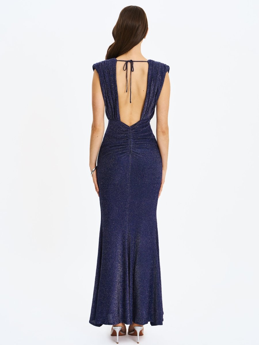 Terri Navy Sparkle Plunging Backless Maxi Dress - HOUSE OF SHE