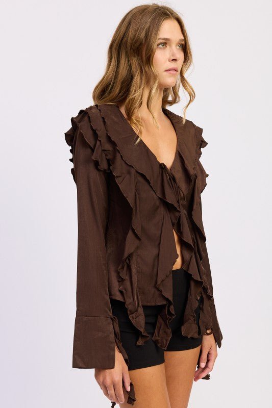 TIE FRONT RUFFLED TOP - HOUSE OF SHE