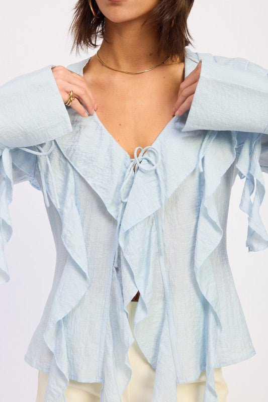 TIE FRONT RUFFLED TOP - HOUSE OF SHE