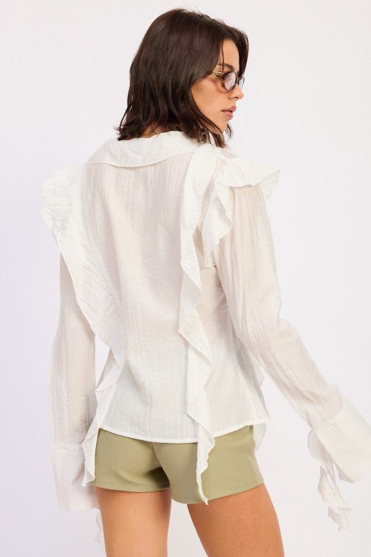 TIE FRONT RUFFLED TOP - HOUSE OF SHE