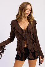 TIE FRONT RUFFLED TOP - HOUSE OF SHE