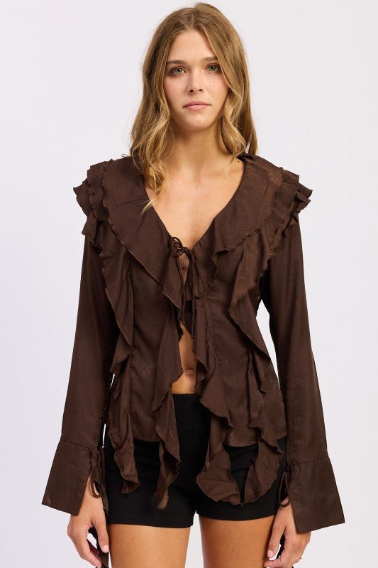 TIE FRONT RUFFLED TOP - HOUSE OF SHE