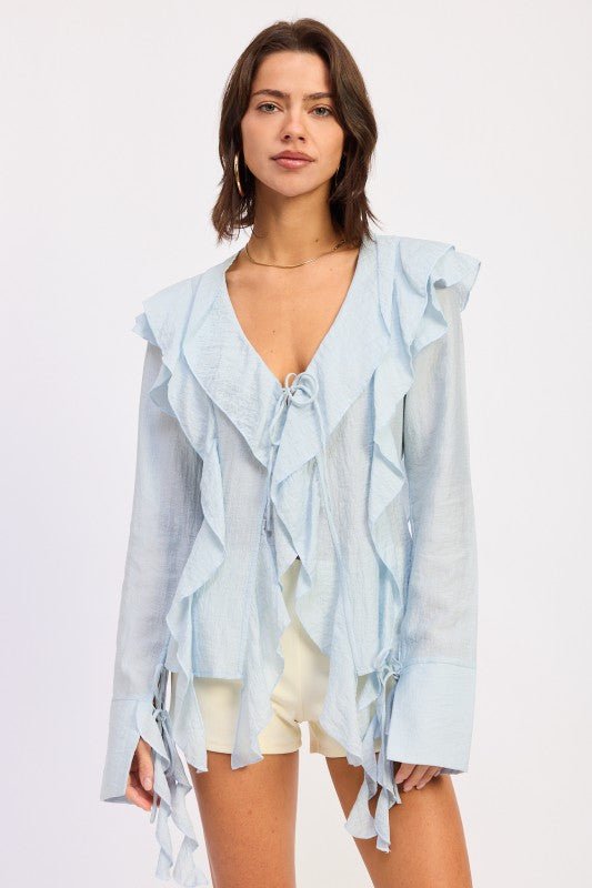 TIE FRONT RUFFLED TOP - HOUSE OF SHE