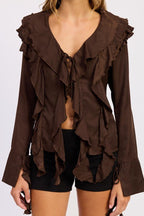TIE FRONT RUFFLED TOP - HOUSE OF SHE