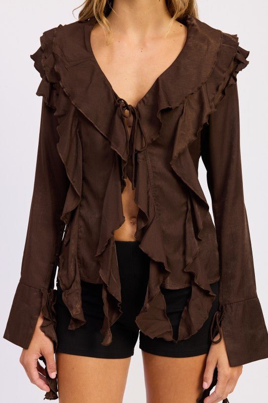 TIE FRONT RUFFLED TOP - HOUSE OF SHE