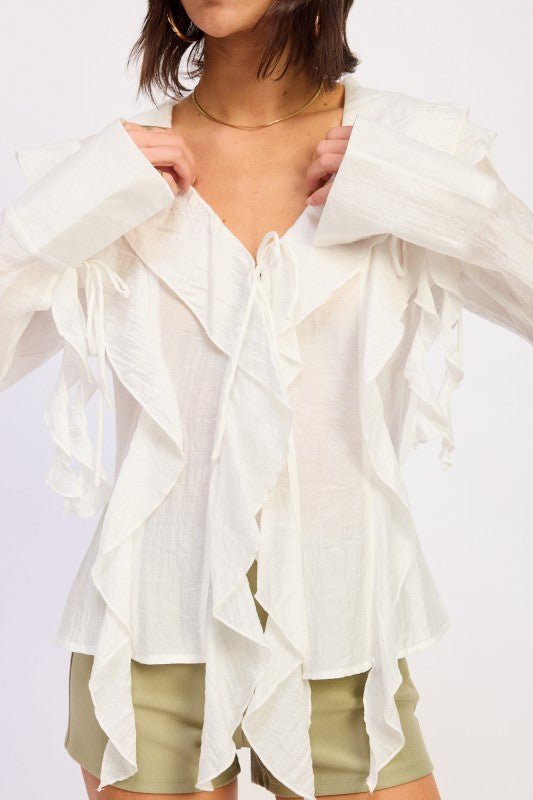TIE FRONT RUFFLED TOP - HOUSE OF SHE