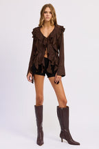 TIE FRONT RUFFLED TOP - HOUSE OF SHE