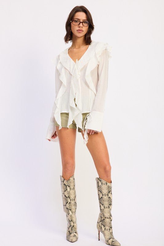 TIE FRONT RUFFLED TOP - HOUSE OF SHE