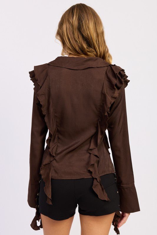 TIE FRONT RUFFLED TOP - HOUSE OF SHE