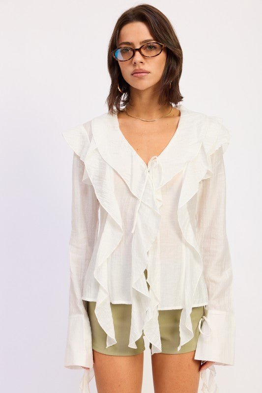 TIE FRONT RUFFLED TOP - HOUSE OF SHE