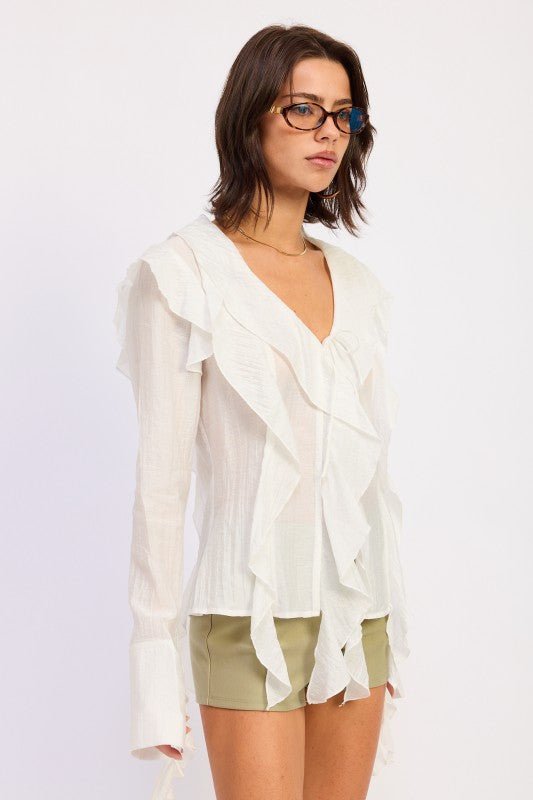 TIE FRONT RUFFLED TOP - HOUSE OF SHE