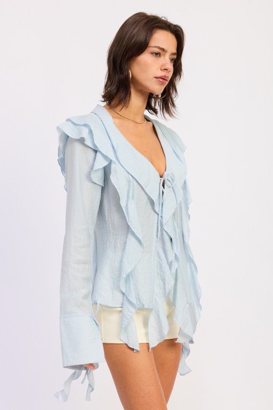 TIE FRONT RUFFLED TOP - HOUSE OF SHE