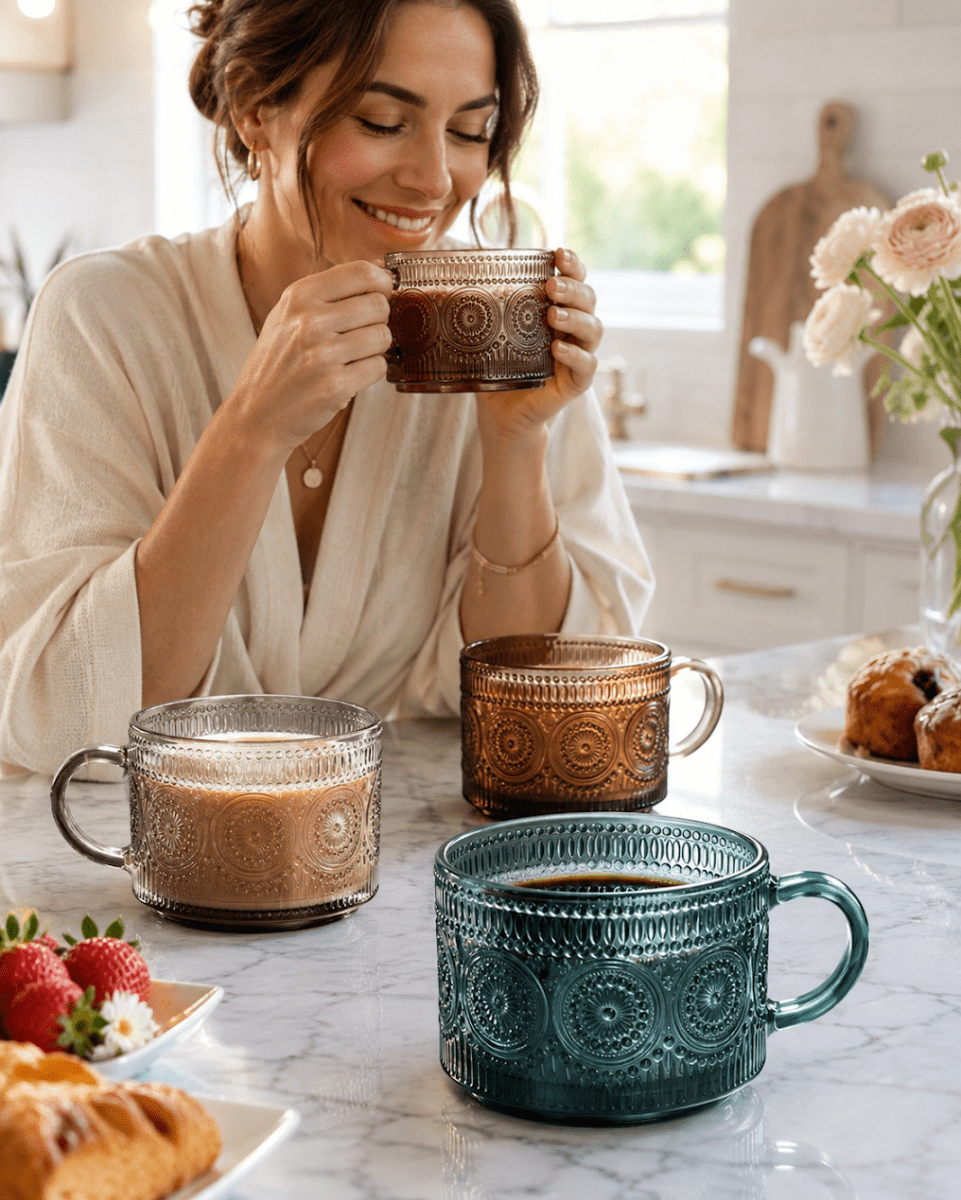Tonal Hobnail Mug Glassware with 6 Lids & Gold Spoons, Set of 6 - HOUSE OF SHE