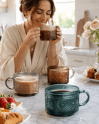 Tonal Hobnail Mug Glassware with 6 Lids & Gold Spoons, Set of 6 - HOUSE OF SHE