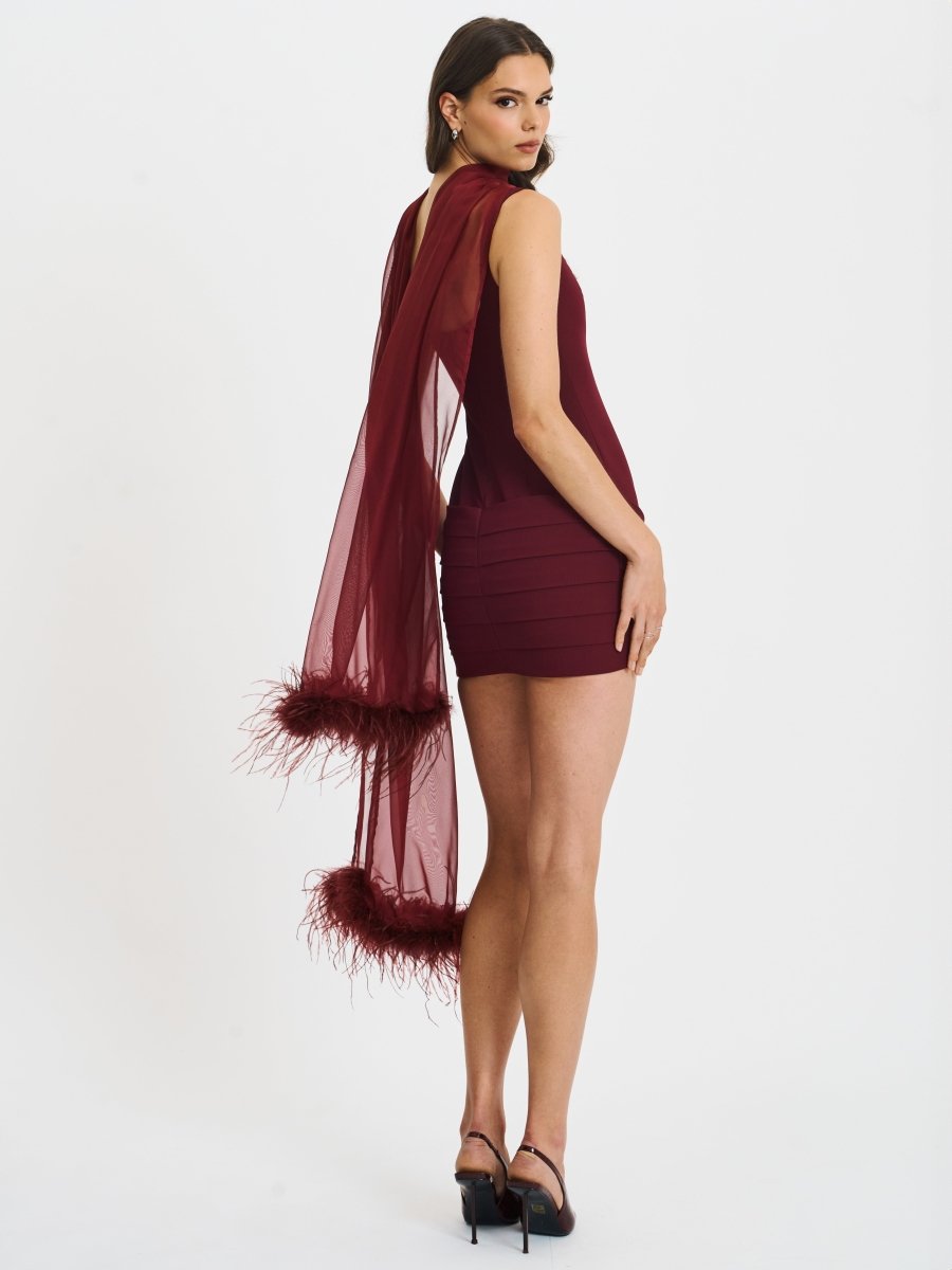 Tori Wine Red Mini Dress with Chiffon Scarf - HOUSE OF SHE