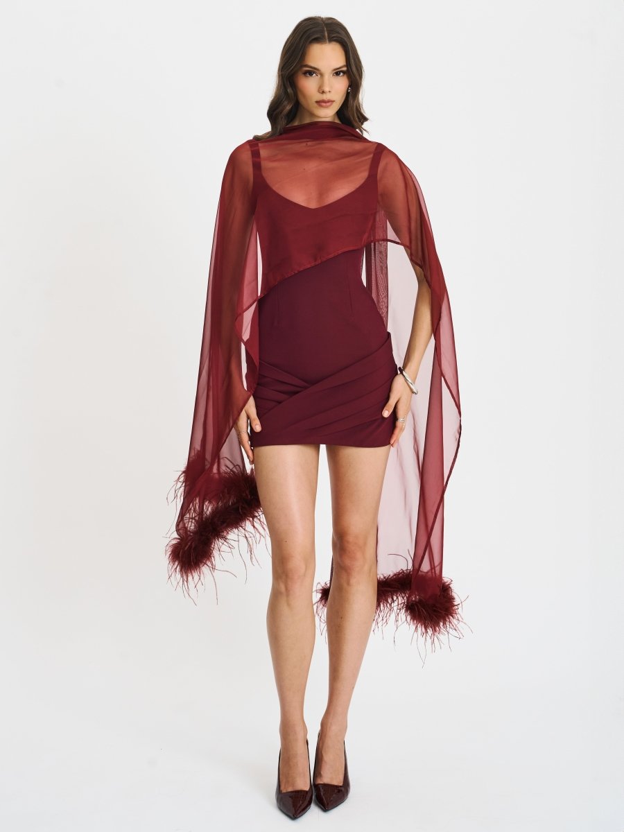 Tori Wine Red Mini Dress with Chiffon Scarf - HOUSE OF SHE