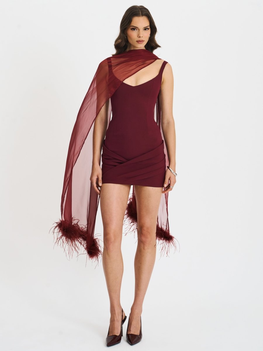 Tori Wine Red Mini Dress with Chiffon Scarf - HOUSE OF SHE