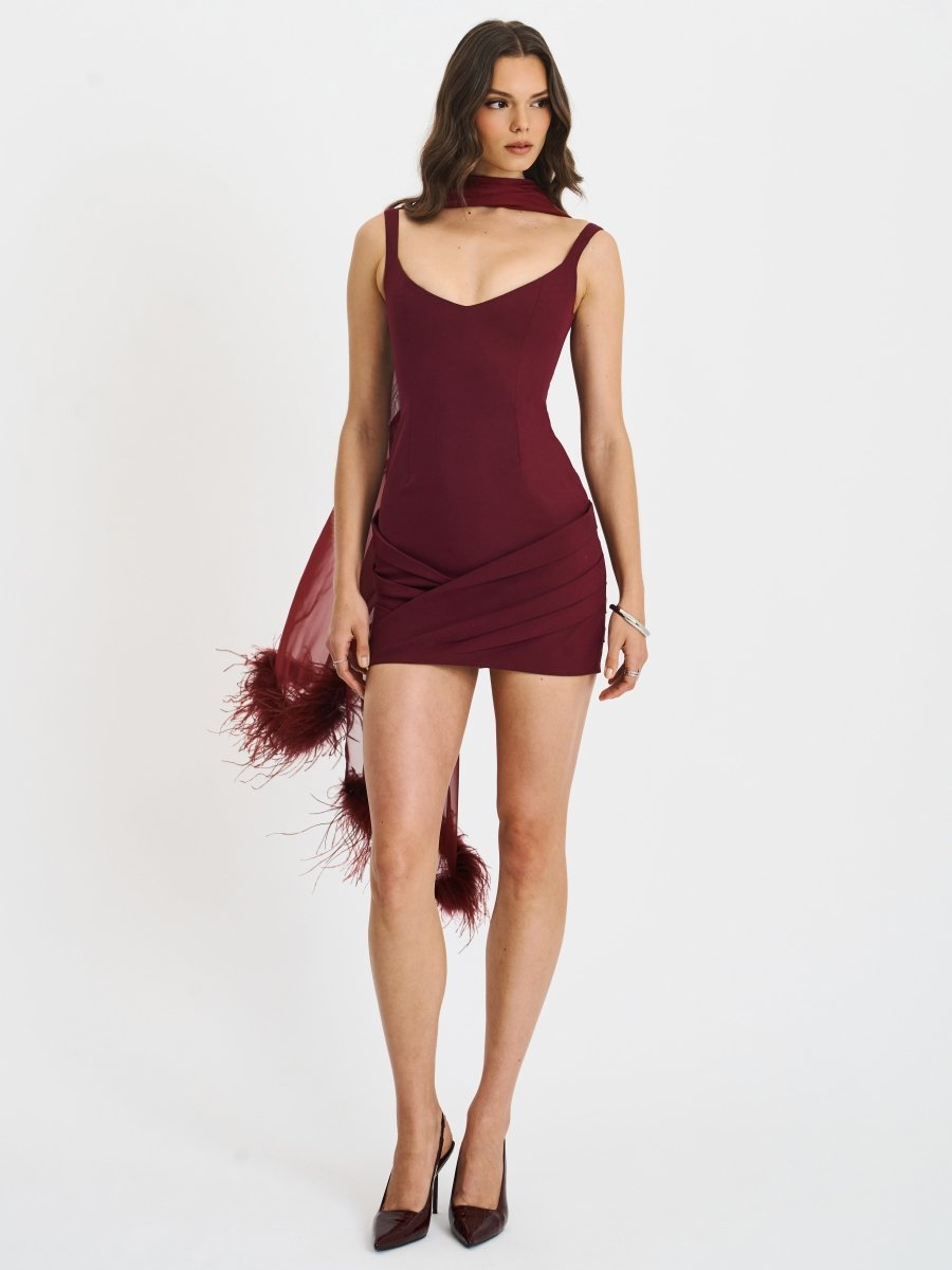 Tori Wine Red Mini Dress with Chiffon Scarf - HOUSE OF SHE