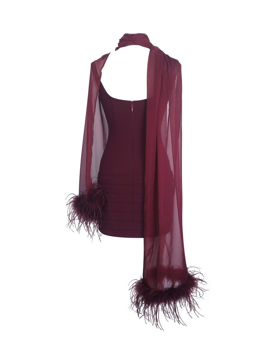 Tori Wine Red Mini Dress with Chiffon Scarf - HOUSE OF SHE