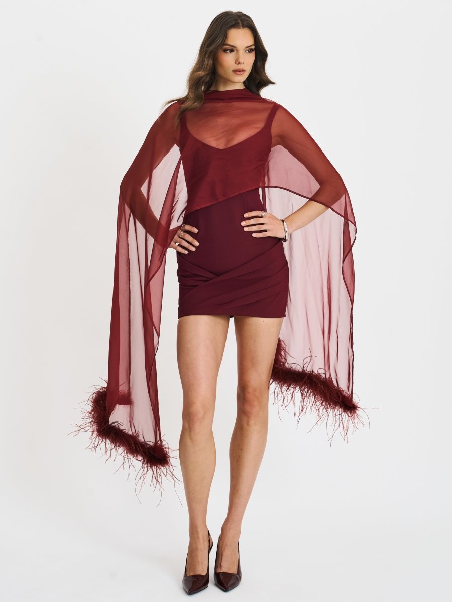 Tori Wine Red Mini Dress with Chiffon Scarf - HOUSE OF SHE