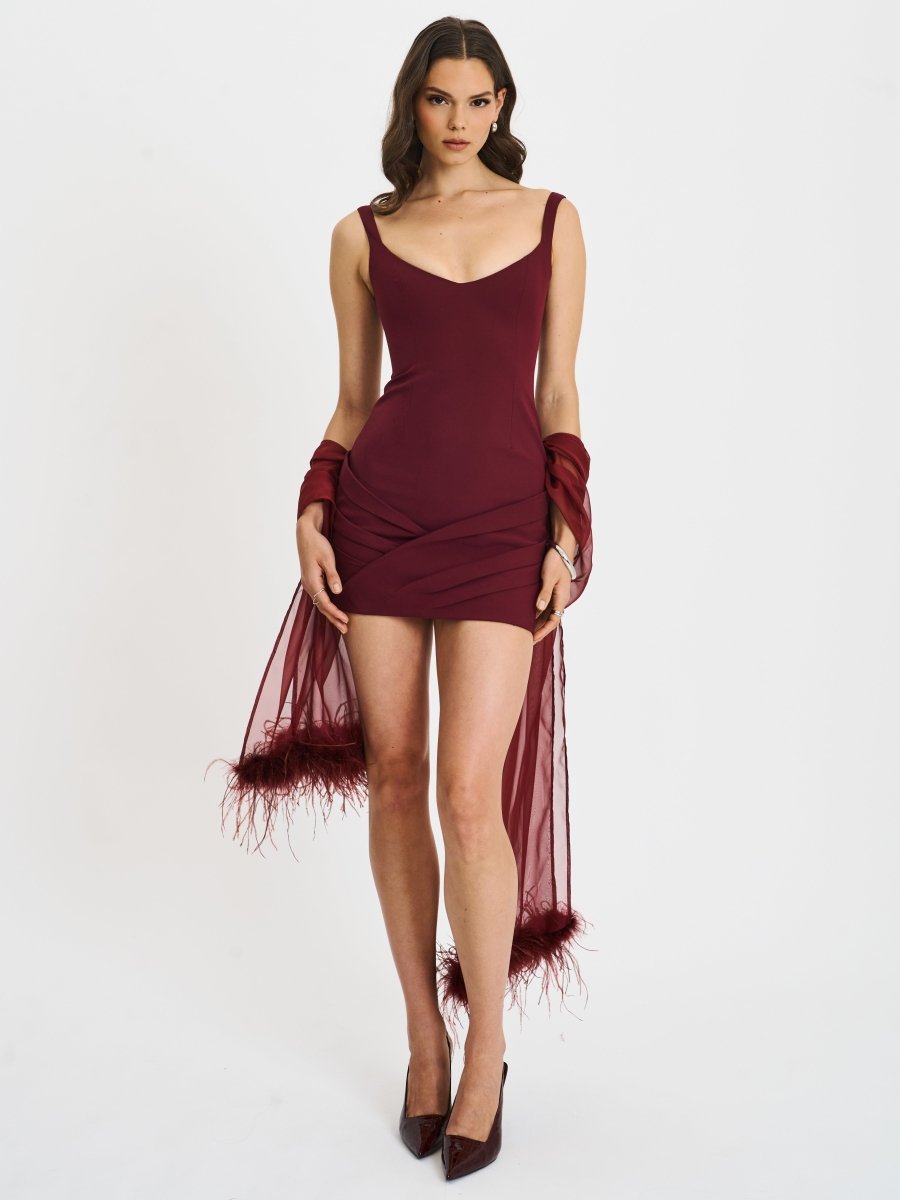 Tori Wine Red Mini Dress with Chiffon Scarf - HOUSE OF SHE