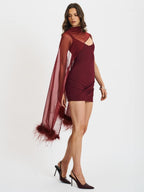 Tori Wine Red Mini Dress with Chiffon Scarf - HOUSE OF SHE