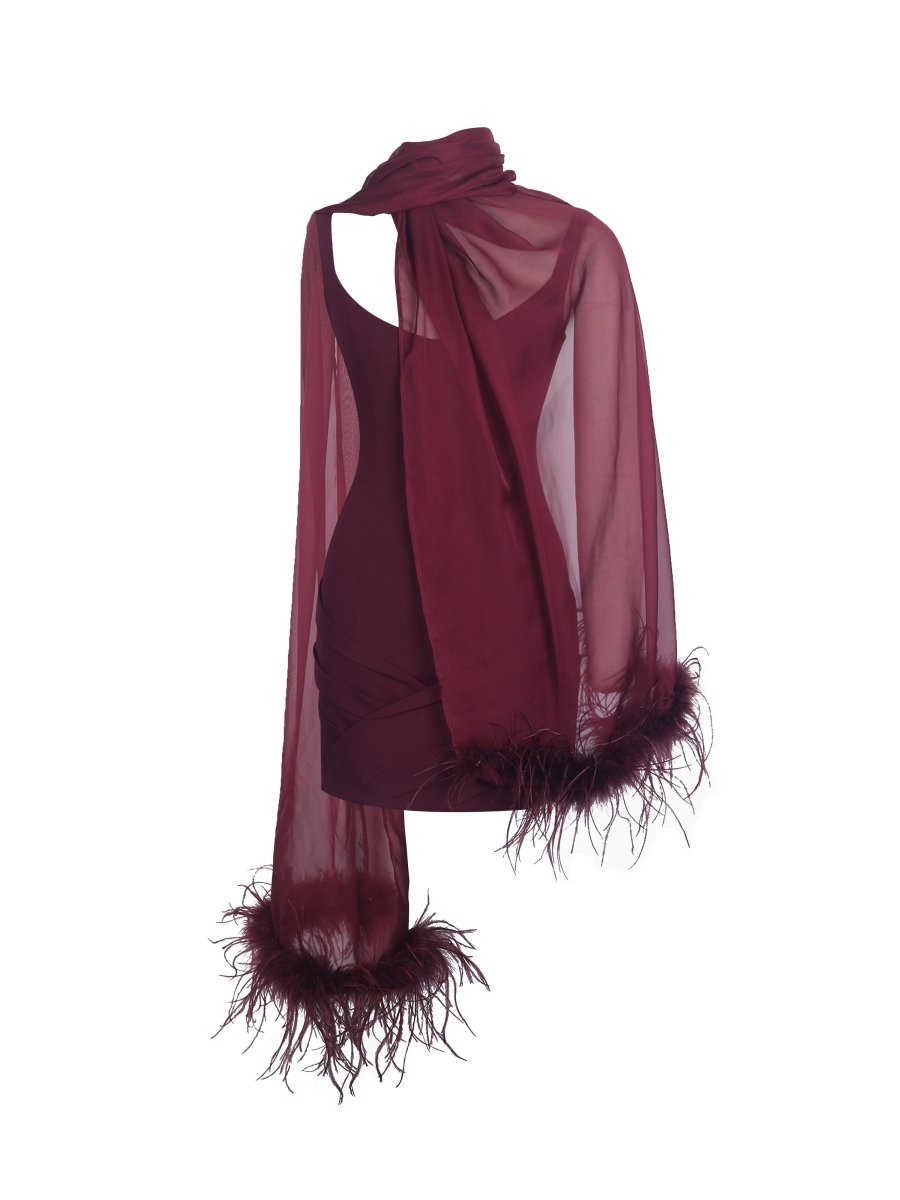 Tori Wine Red Mini Dress with Chiffon Scarf - HOUSE OF SHE