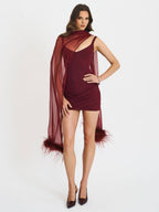 Tori Wine Red Mini Dress with Chiffon Scarf - HOUSE OF SHE