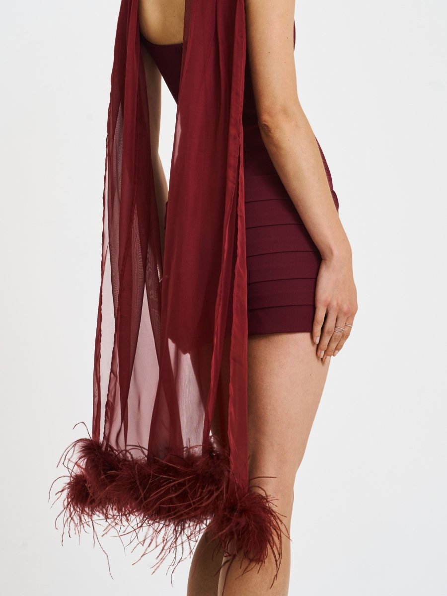 Tori Wine Red Mini Dress with Chiffon Scarf - HOUSE OF SHE