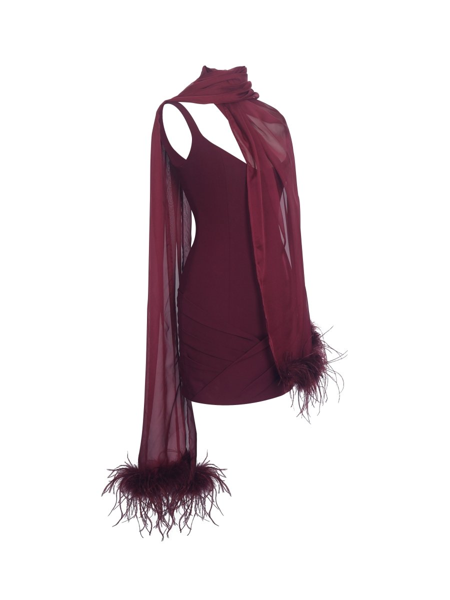 Tori Wine Red Mini Dress with Chiffon Scarf - HOUSE OF SHE