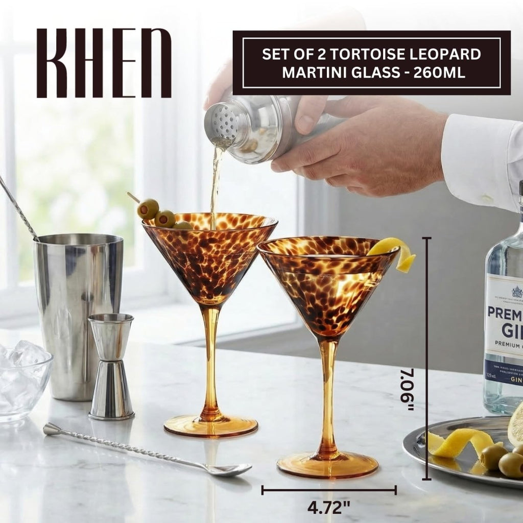 Tortoise Leopard Print Martini 9oz - Set of 2, 7.1" Spotted Borosilicate Cocktail - HOUSE OF SHE