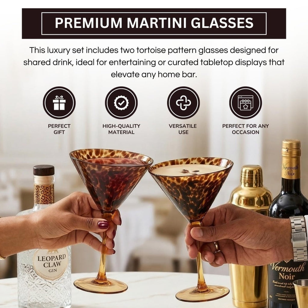 Tortoise Leopard Print Martini 9oz - Set of 2, 7.1" Spotted Borosilicate Cocktail - HOUSE OF SHE