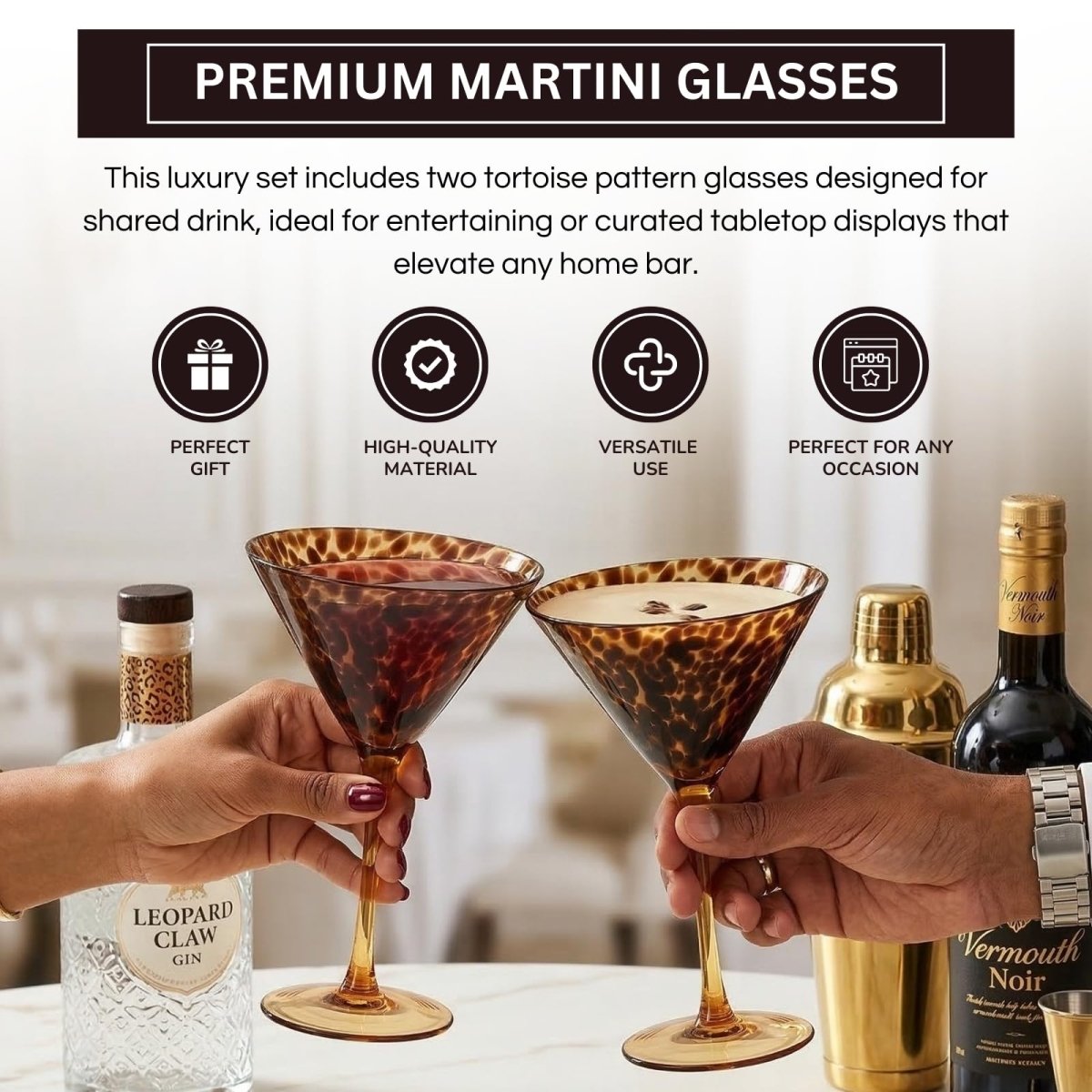 Tortoise Leopard Print Martini 9oz - Set of 2, 7.1" Spotted Borosilicate Cocktail - HOUSE OF SHE