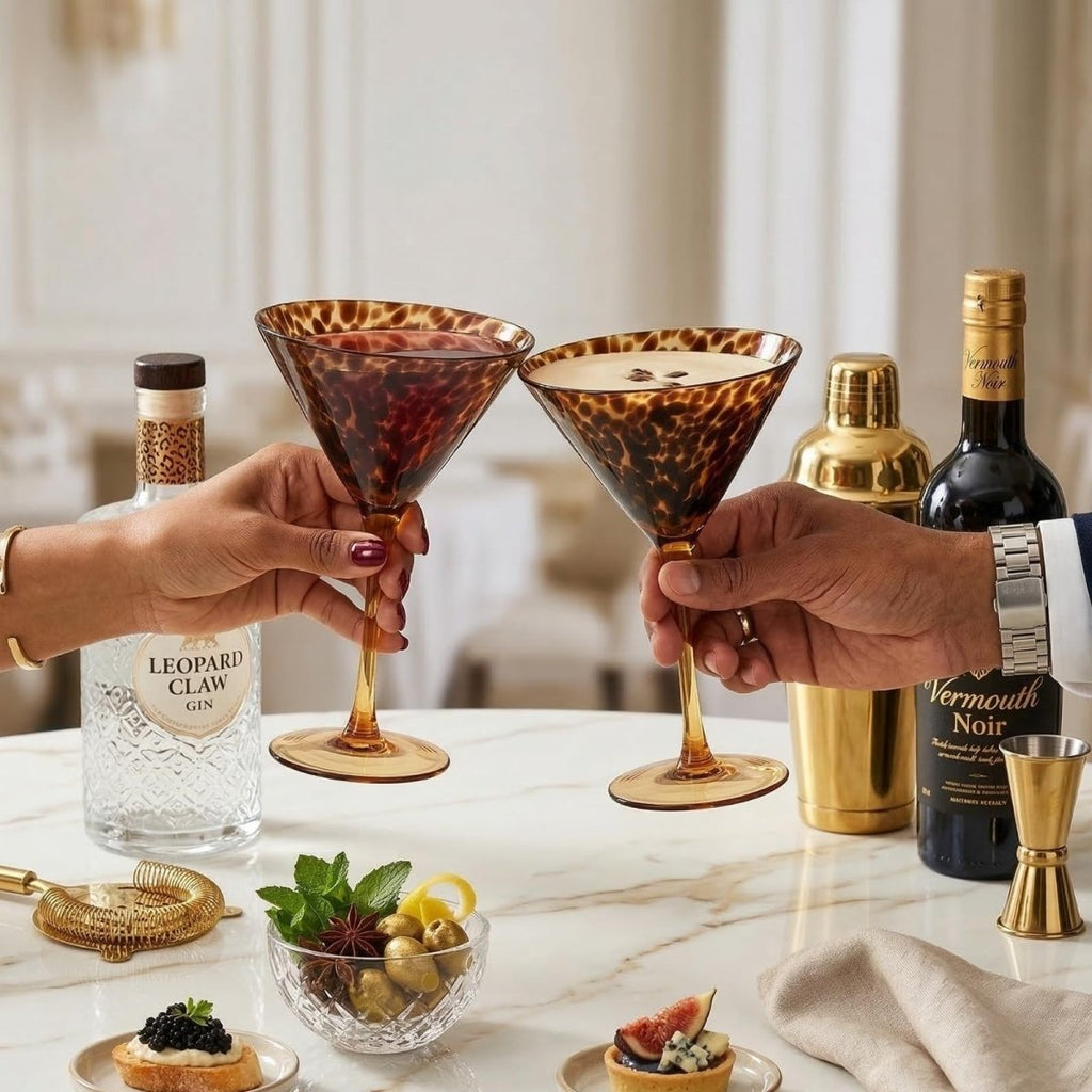 Tortoise Leopard Print Martini 9oz - Set of 2, 7.1" Spotted Borosilicate Cocktail - HOUSE OF SHE