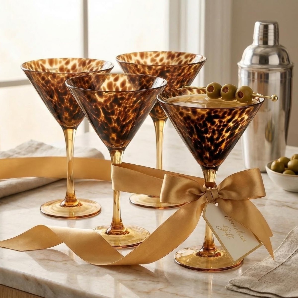 Tortoise Leopard Print Martini 9oz - Set of 4, 7.1" Spotted Borosilicate Cocktail Stem - HOUSE OF SHE