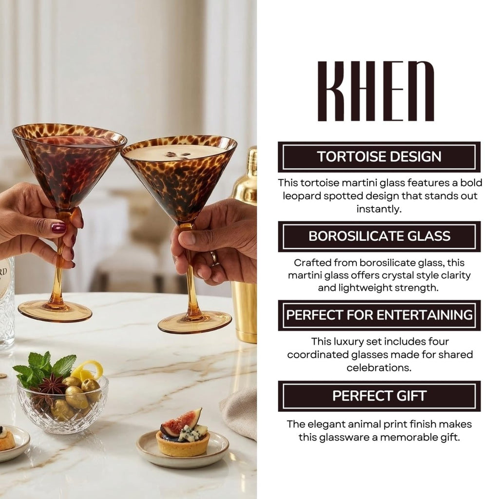 Tortoise Leopard Print Martini 9oz - Set of 4, 7.1" Spotted Borosilicate Cocktail Stem - HOUSE OF SHE