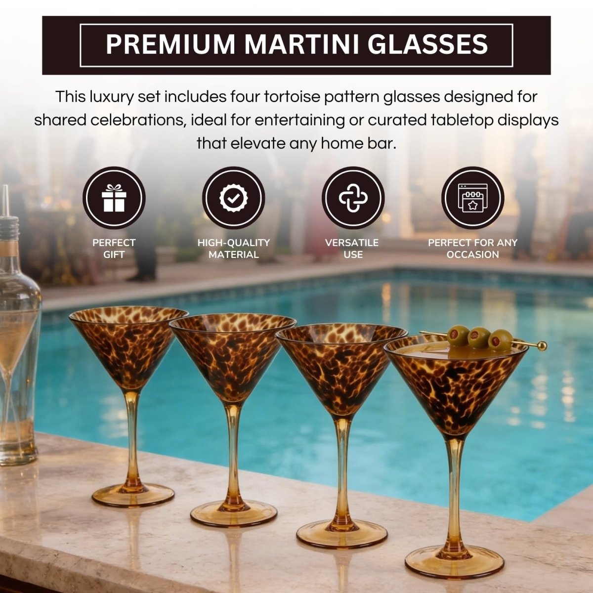 Tortoise Leopard Print Martini 9oz - Set of 4, 7.1" Spotted Borosilicate Cocktail Stem - HOUSE OF SHE