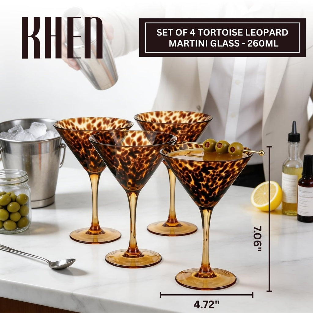 Tortoise Leopard Print Martini 9oz - Set of 4, 7.1" Spotted Borosilicate Cocktail Stem - HOUSE OF SHE