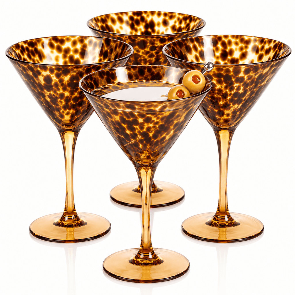 Tortoise Leopard Print Martini 9oz - Set of 4, 7.1" Spotted Borosilicate Cocktail Stem - HOUSE OF SHE