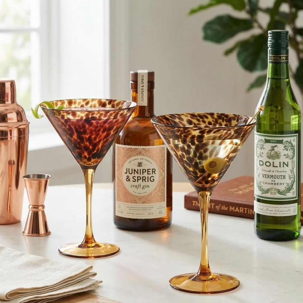 Tortoise Leopard Print Martini 9oz - Set of 4, 7.1" Spotted Borosilicate Cocktail Stem - HOUSE OF SHE