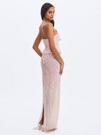 Tosca Beaded Blush Gradient Strapless Peplum Maxi Dress - HOUSE OF SHE