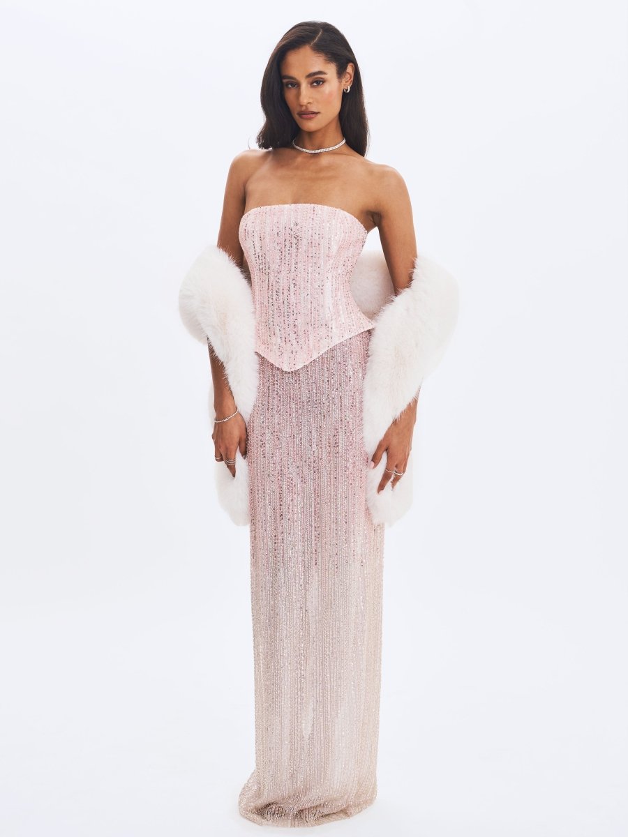 Tosca Beaded Blush Gradient Strapless Peplum Maxi Dress - HOUSE OF SHE