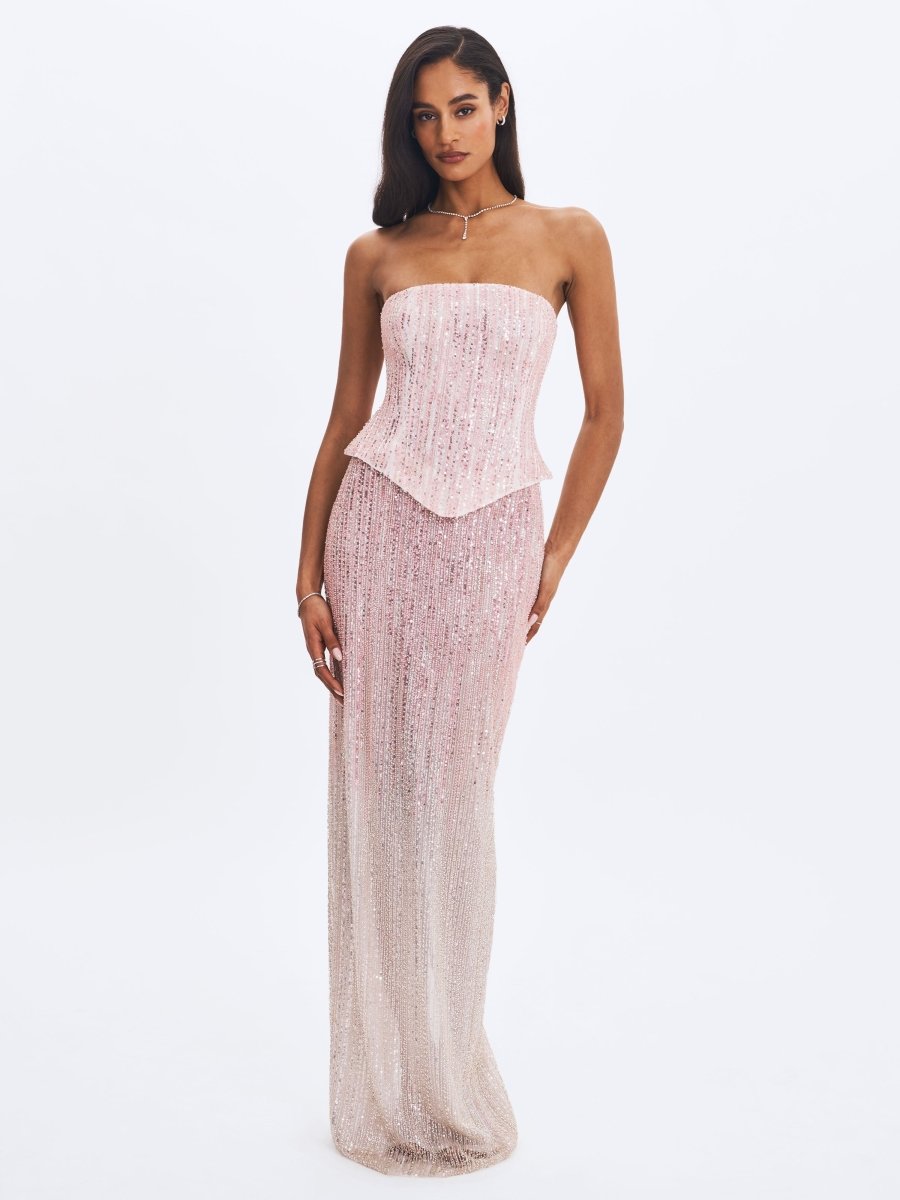 Tosca Beaded Blush Gradient Strapless Peplum Maxi Dress - HOUSE OF SHE