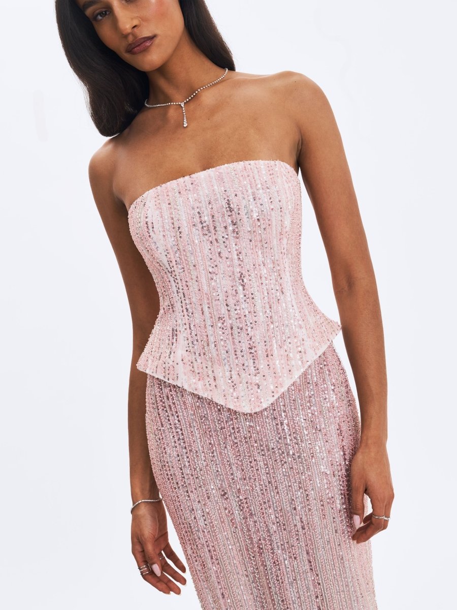 Tosca Beaded Blush Gradient Strapless Peplum Maxi Dress - HOUSE OF SHE