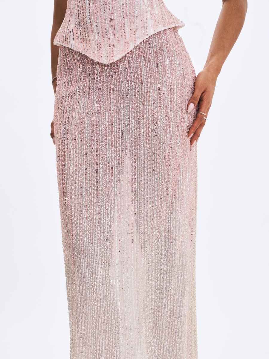 Tosca Beaded Blush Gradient Strapless Peplum Maxi Dress - HOUSE OF SHE