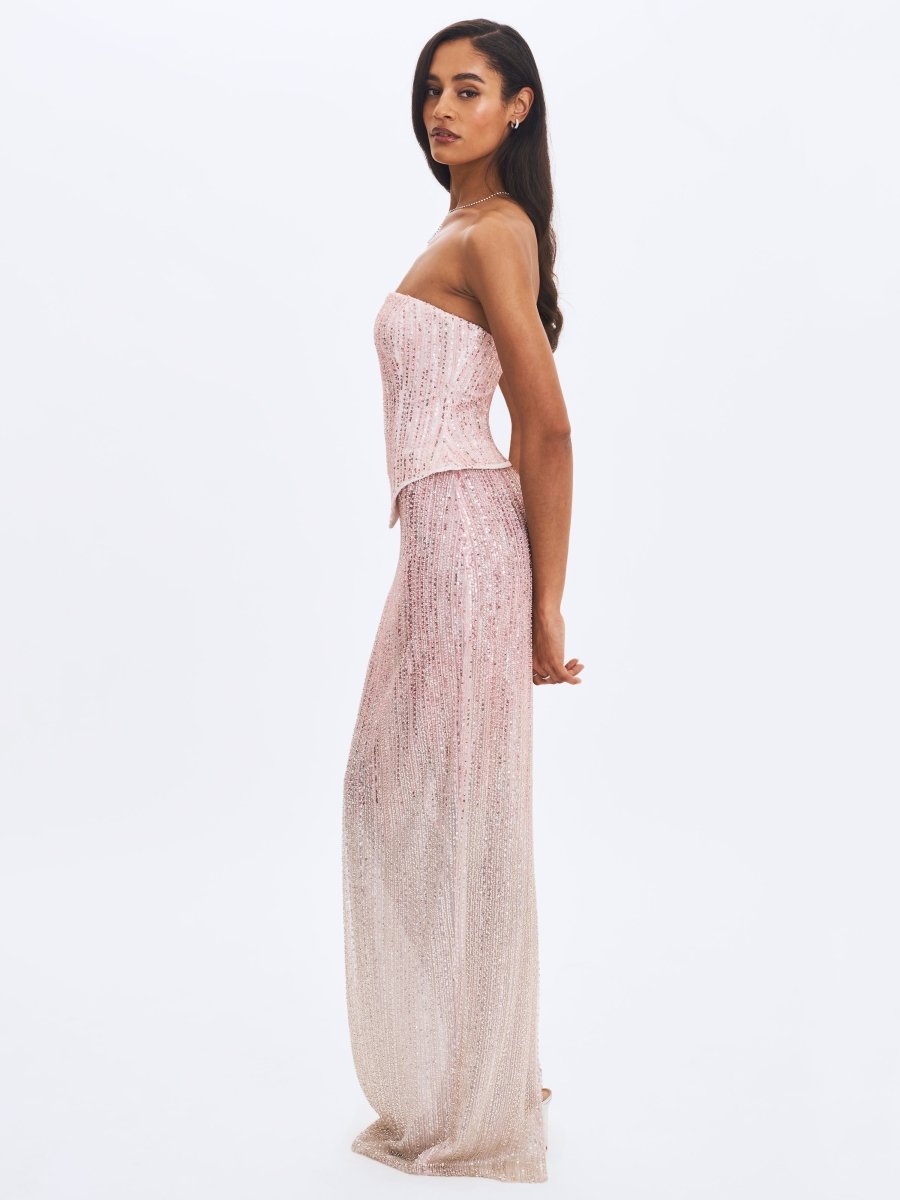 Tosca Beaded Blush Gradient Strapless Peplum Maxi Dress - HOUSE OF SHE